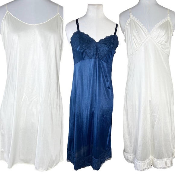 Vintage Other - Lot of 3 Vintage Slip Dress - Size 34/36 - Ivory & Navy Blue Nightgown Lingerie